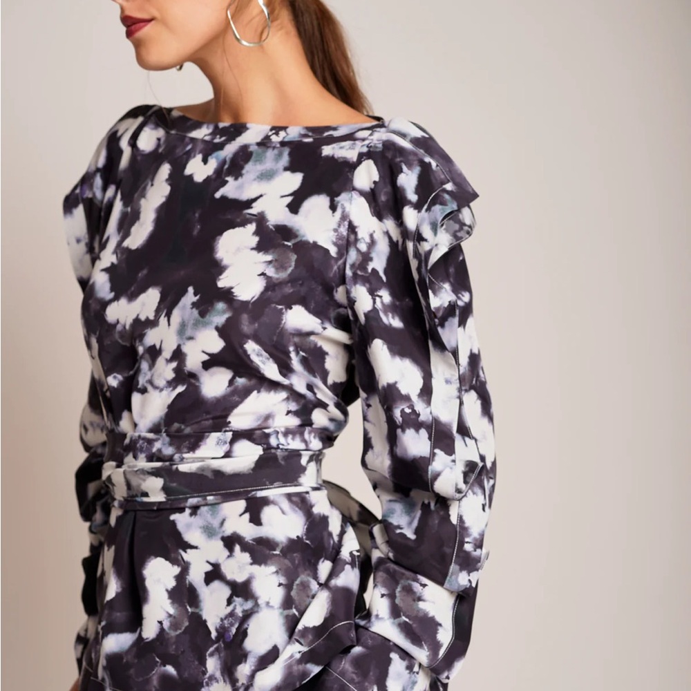 Elegant Black and White Silk Floral Dress